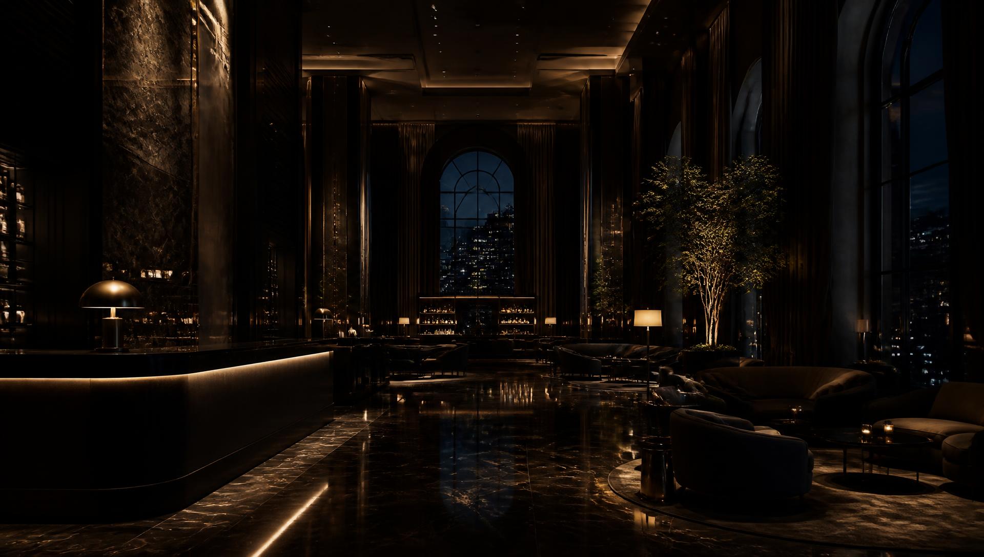 Dark marble hotel lobby lit by brass lamps at night