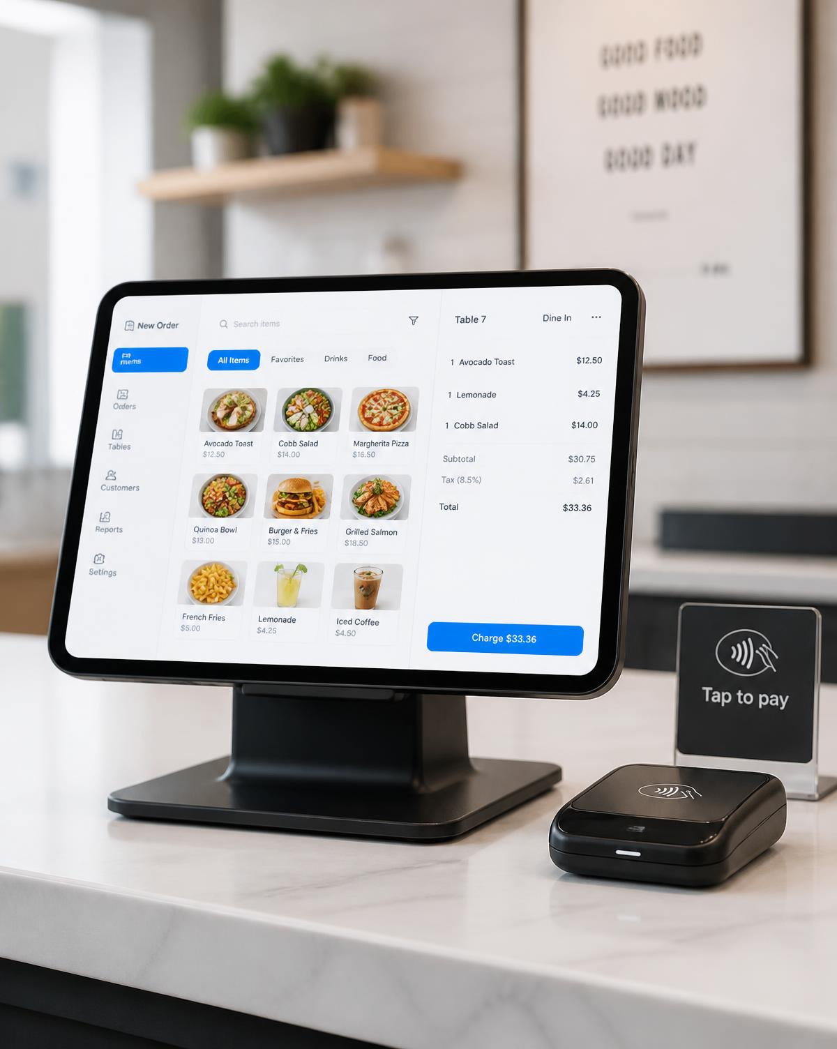 Restaurant point-of-sale tablet terminal with contactless card reader